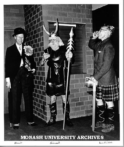 Professor Ken Hunt (left), Dr Ian Hiscock and Dr Louis Matheson, dressed for performance of 'The Stone Wall'