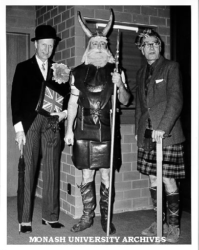 Professor Ken Hunt (left), Dr Ian Hiscock and Dr Louis Matheson, dressed for performance of 'The Stone Wall'