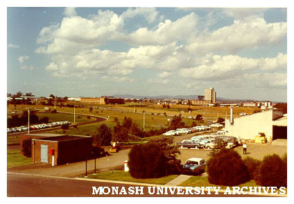 Works and services buildings (right) with halls of residence in background