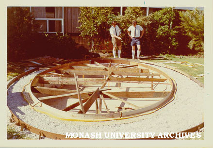 Foundations for fountain in Engineering courtyard with John Trembath and John McFee at rear