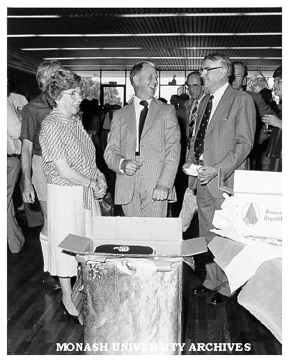 Mr Len Candy (centre), Mr Jim Butchart and Mrs Isabel Butchart at farewell function for retiring Comptroller and retiring Registrar