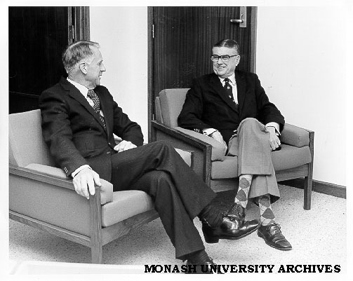 Mr Jim Butchart (right) (retiring Registrar) and Mr Len Candy (retiring Comptroller)