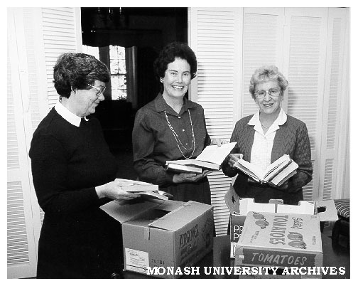 From left, Mrs Alison West, Mrs Rena Martin and Mrs Brenda Holloway, sorting books for the Monash Book Fair