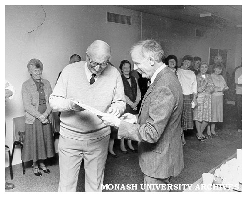 Doug Ellis (left) and Professor Ron Brown at party for Doug's 25 years as Sports Administrator and Deputy Warden