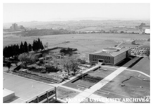 Religious Centre site with University Offices at right, Halls of Residence in left background