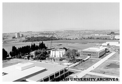 Religious Centre site with University Offices at right, halls of residence in left background