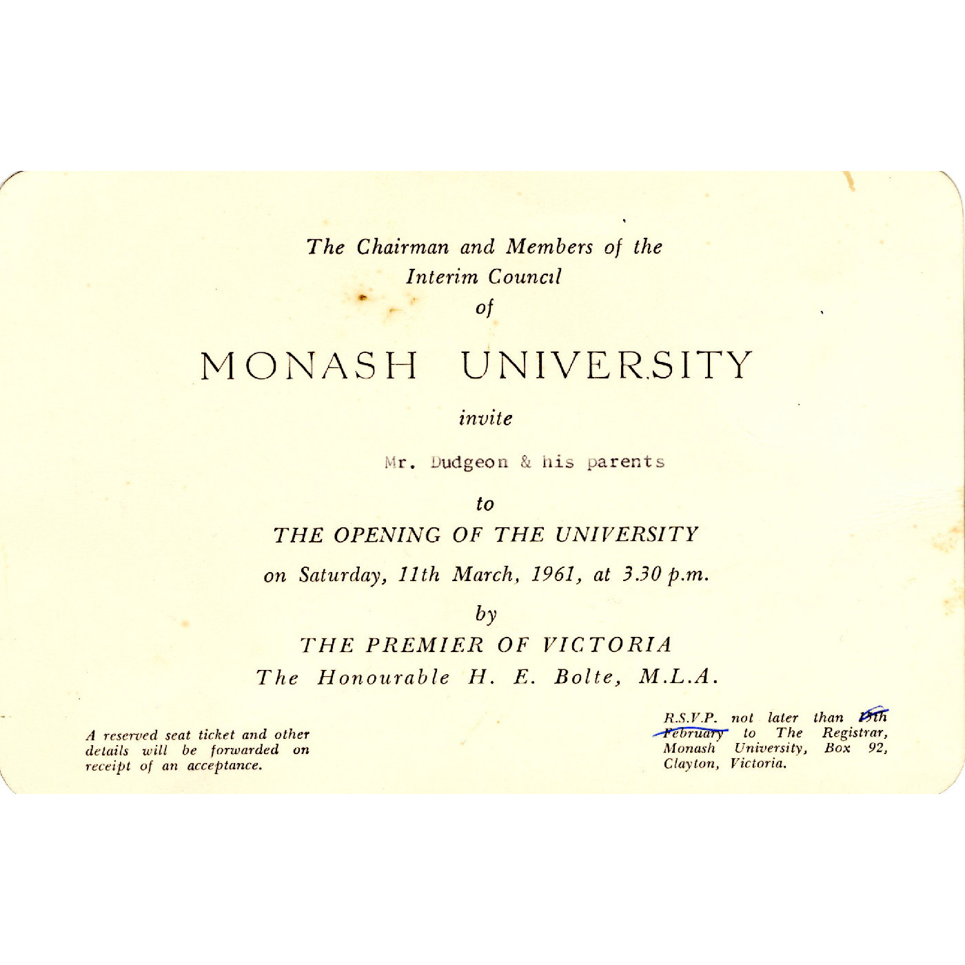 Invitation to the Opening of Monash University,  11 March, 1961