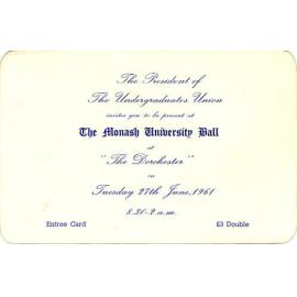Invitation to The Monash University Ball, 27 June 1961