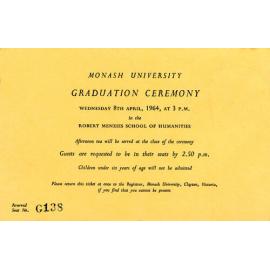 Invitation to Graduation Ceremony, 8 April 1964 and notice of provision of afternoon tea