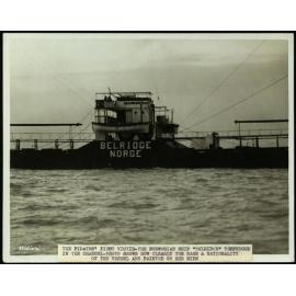 The pirates' first victim: the Norwegian ship "Belridge" torpedoed in the Channel. Photo shows how clearly the name and nationality are painted on her side