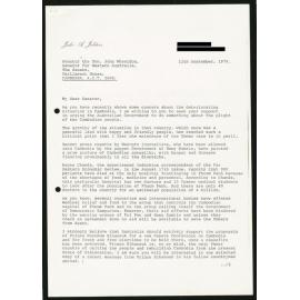 Letter from Australian Ambassador Jeldres to Senator Wheeldon, whom he had met early in the year in Canberra, concerning events in Cambodia