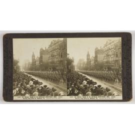The farewell parade of the Australian Expeditionary Force.  Infantry marching along Collins St, Melbourne, Vic