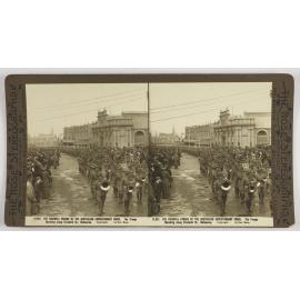 The farewell parade of the Australian Expeditionary Force.  The troops marching along Elizabeth St, Melbourne