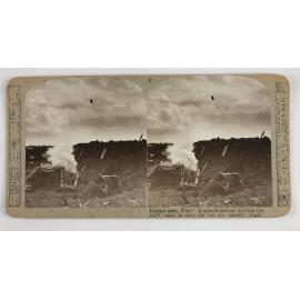 Enemy seen, Fire!  A trench-mortar hurling the shell, seen mid air on its deadly flight