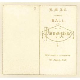 Ball programme Mechanics' Institute, 9th August 1920