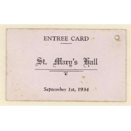 Entrée card St. Mary's Hall, 1st September 1934