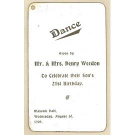 Dance given by Mr & Mrs. Henry Weedon to celebrate their son's 21st birthday, 30th August 1905