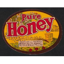 Pure Honey. Produced and packed by Murray Valley Apiaries. Fallow St, Albury. Phone 708