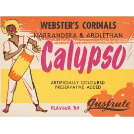Webster's Cordials. Narrandera & Ardlethan. Calypso. artificially coloured. Preservative added. Flavour by Jusfrute.