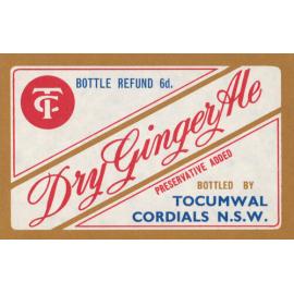 Dry Ginger Ale. Bottled by Tocumwal Cordials, NSW. Bottle refund 6d. Preservative added.