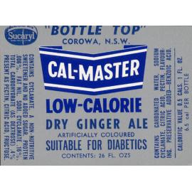 Bottle Top, Corowa NSW. Cal-Master Low-Calorie Dry Ginger Ale. Suitable for diabetics. Contents: 26 Fl. Ozs.