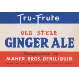 Tru-Frute Old Style Ginger Ale. Manufactured by Maher Bros. Deniliquin. Contains not more than 1 3/4 grs of benzoic acid to the pint.