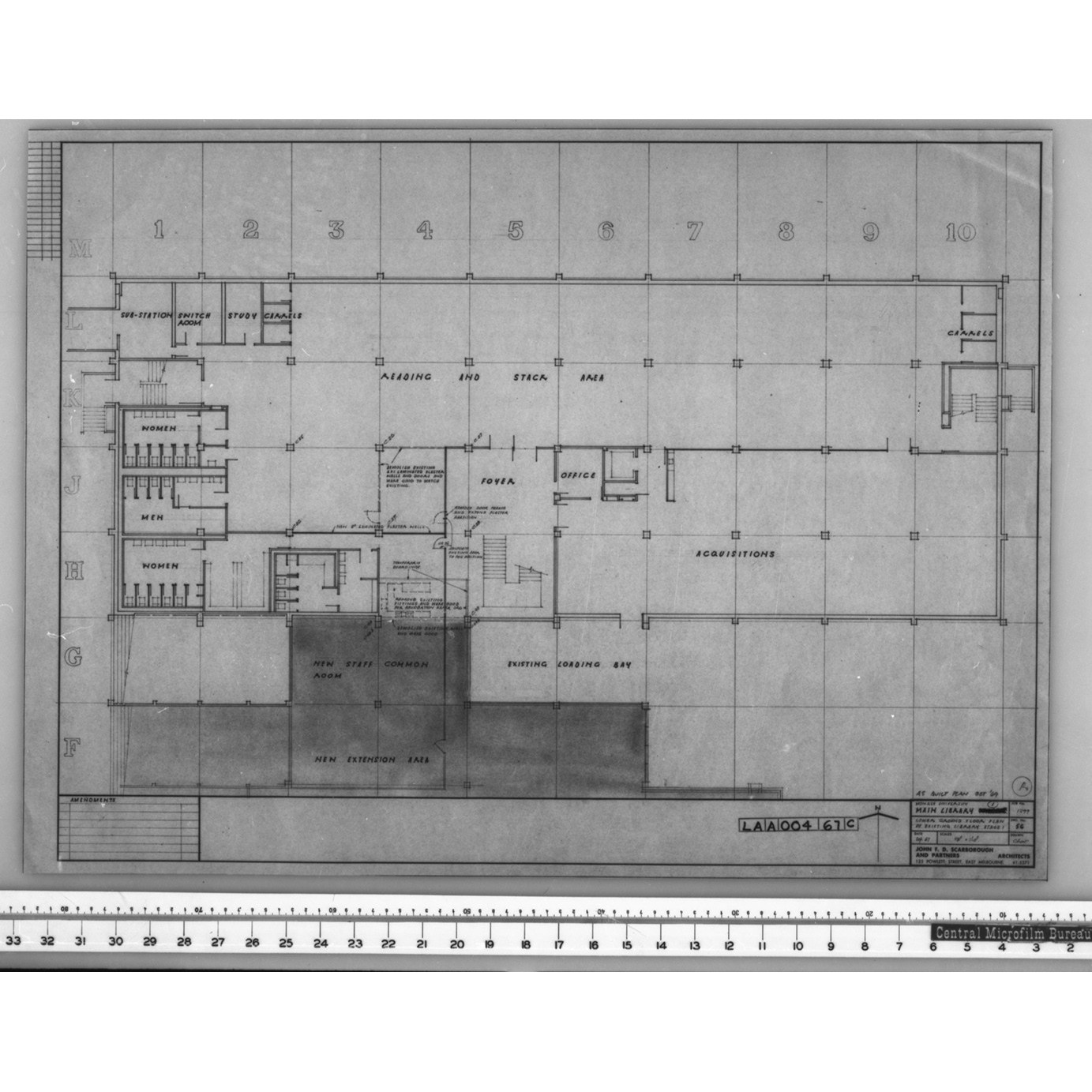 Negative of plan of lower ground floor of Main Library stage 1 - John F. D. Scarborough and Partners - Drawing no LAA0467C