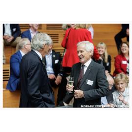 Emeritus Professor Richard Larkins (left) and Emeritus Professor Peter Darvall at the naming of the Alan Finkel Building for Technology and Design