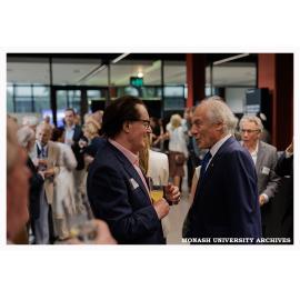 Emeritus Professor John Redmond (left) and Dr Alan Finkel speaking at the naming of the Alan Finkel Building for Technology and Design