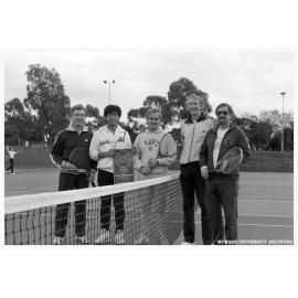 Tennis 'Engineering Mates' (from left) Professor Bill Melbourne, graduate researcher John Lee, Associate Professor Peter Dransfield, Associate Professor Russell Mein and senior lecturer Bruce Kuhnell on the Monash courts