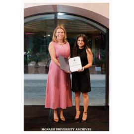 Vice-Chancellor Professor Sharon Pickering with Ilianna Ginnis, winner of the Faculty of Art, Design and Architecture Emerging Leader Alumni Award 2026