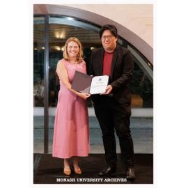 Vice-Chancellor Professor Sharon Pickering with Terence Huynh, winner of the Faculty of Information Technology Emerging Leader Alumni Award 2026