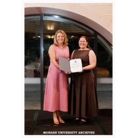 Vice-Chancellor Professor Sharon Pickering with Hannah Humphries, winner of the Faculty of Medicine, Nursing and Health Sciences Emerging Leader Alumni Award 2026