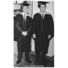 Ian Dudgeon (left) and Bill Edgar, after conferral of their Bachelor of Economics degrees at the first graduation ceremony, April 8, 1964