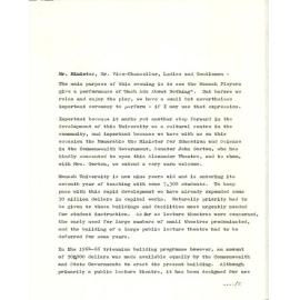 Speech by the Chancellor Sir Robert Blackwood for the opening of the Alexander Theatre - Saturday, 11th March, 1967