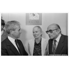 Associate Professor Wallace Kirsop, Mrs Joan Kirsop and Dr Nicolas Morcovescu at an event to mark 20 years of publishing the 'Australian Journal of French Studies'