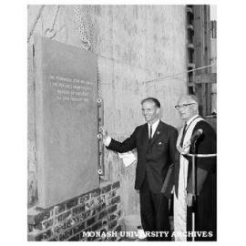 Mr. L.H.S. Thompson and Sir Robert Blackwood and foundation stone of Robert Blackwood Hall