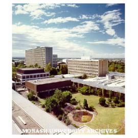 Raised view of Botany systems garden, flanked by Medical buildings with Humanities building in the background