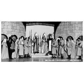 Knightly sequence from 'Camelot'. Festival Theatre Company - Michael Gordon as Arthur (centre left), and Janet Conos as Guinevere