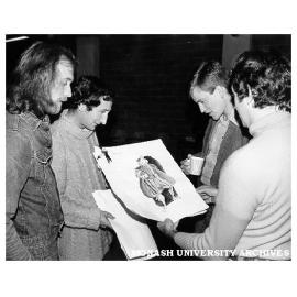 Cast and director of 'Laertes' with costume design. From left: Franciscus Henri - Musician; James Wright - Priest (Man of Letters); John Diedrich - Laertes; and Don Mackay the Director