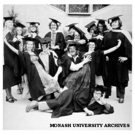 Cast of 'Salad Days' dressed for the Don's party in front of the Leonard French window of Robert Blackwood Hall