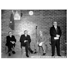 Official opening of Queens Avenue buildings, Caulfield Technical College. From left: Mr A.E. Lambert, Principal; the Hon. J.S. Bloomfield, Minister of Education; Mr K.H. Boykett, President of the College Council; and Sir A.A. Fitzgerald.
