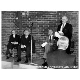 Official opening of Queens Avenue buildings, Caulfield Technical College. From left: Mr A.E. Lambert, Principal; the Hon. J.S. Bloomfield, Minister of Education; Mr K.H. Boykett, President of the College Council; and Sir A.A. Fitzgerald