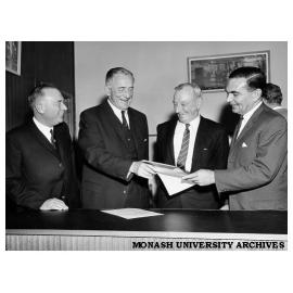 Official opening of Queens Avenue buildings, Caulfield Technical College. From left: Mr A.E. Lambert, Principal; the Hon. J.S. Bloomfield; Minister of Education; and Sir A.A. Fitzgerald.