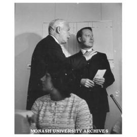 50th Anniversary celebrations, Caulfield Institute of Technology. Sir Rohan Delacombe with Manager of the Computer Centre Mr John Dann