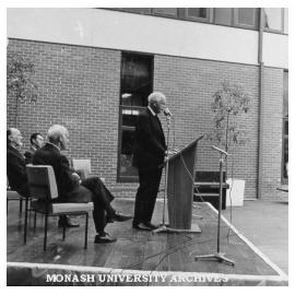 Opening of the 50th Anniversary celebrations, Caulfield Institute of Technology. Governor Sir Rohan Delacombe and CIT personalities on stage