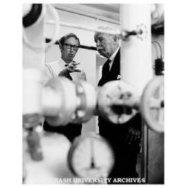 Sir Rohan Delacombe at Caulfield Institute of Technology's 50th Anniversary celebrations with Mr Stewart Major, lecturer in Mechanical Engineering