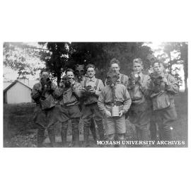 Caulfield Technical School cadet camp. Cadets during gas respirator instruction