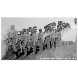 Caulfield Technical School cadet camp. Members of Number 1 Platoon in their gas respirators