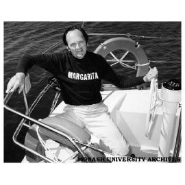 Professor Lance Endersbee on his racing cruiser 'Margarita'